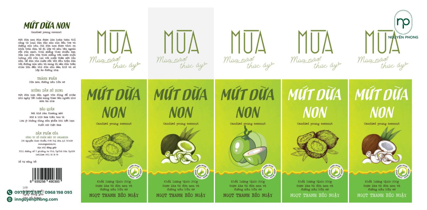 mẫu tem mứt dừa non với thiết kế trang nhã